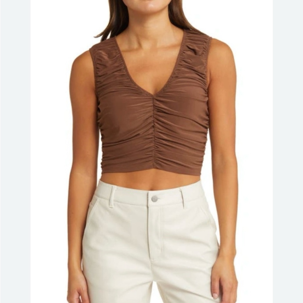 Open Edit Brown Ruched Sleeveless Top
